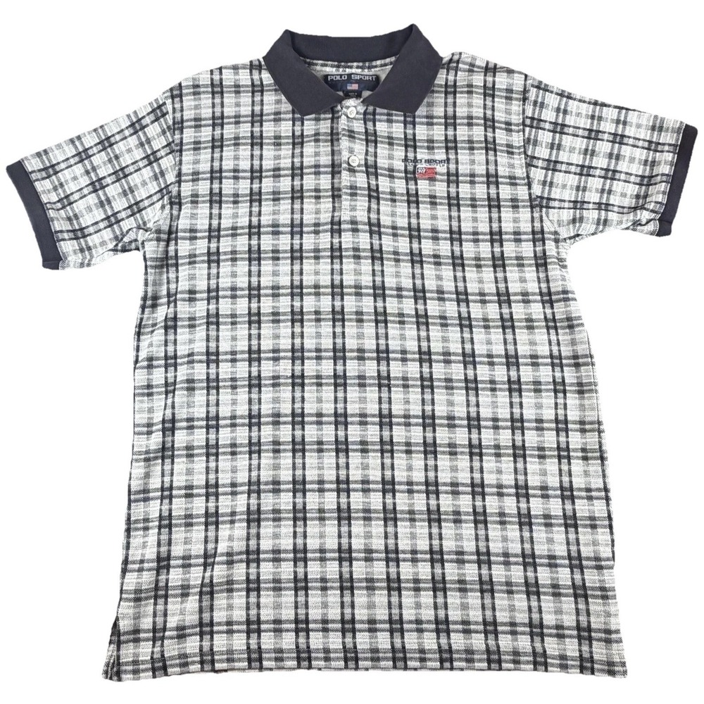 Vintage Polo Sport Ralph Lauren Plaid Polo Shirt Men's Gray Blue USA Flag